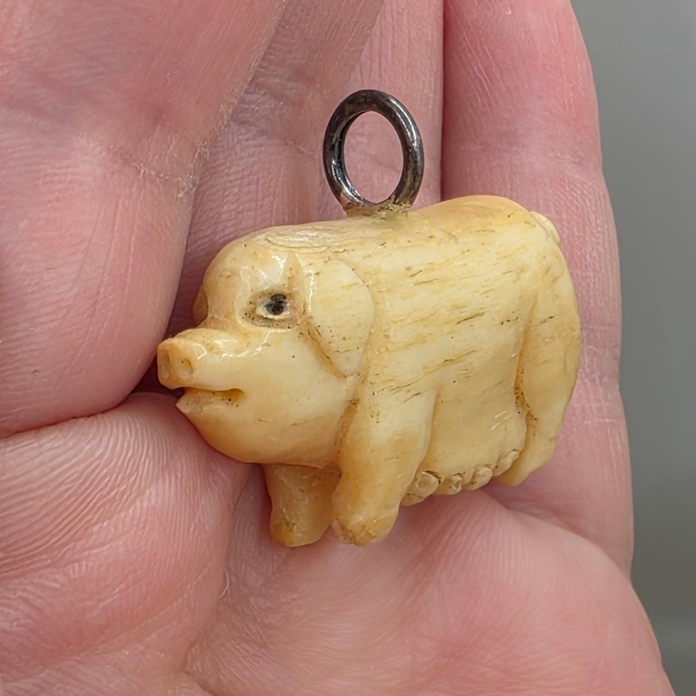 Vintage Hand Carved Pig Sow Pendant Cream Animal Charm Folk Art Piggy